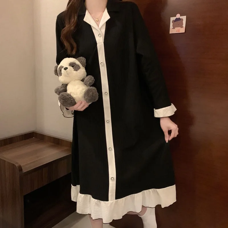 Women Spring Autumn Long Sleeve Sleeping Dress Cotton Thin Pajamas Korean Version Cute Loose Sleepwear Lapel Lacework Nightgown