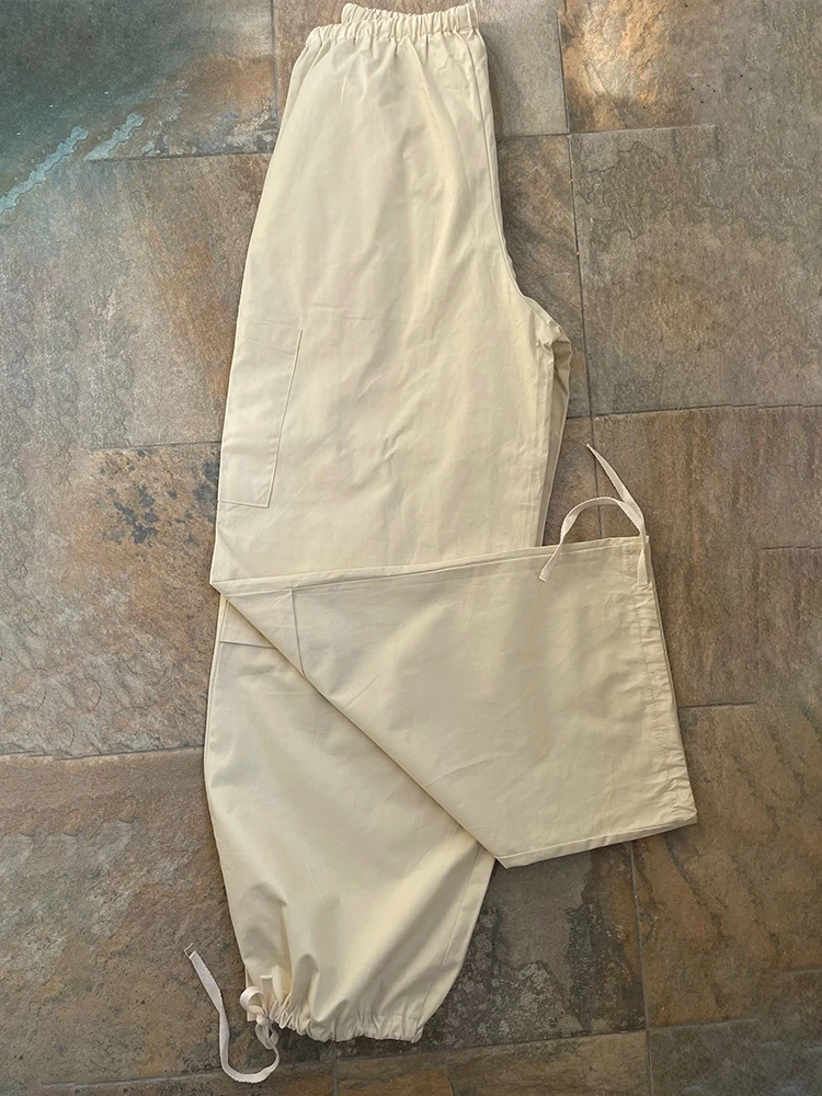 Weekeep Light Khaki Cargo Pants Streetwear 100% Cotton Big Pocket Patchwork Casual Pants Drawstring Low Waist Baggy Trouser Lady