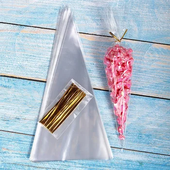 50pcs Candy Bags Cellophane Popcorn Bags Cone Cookies Storage Bags with Gold Twist Ties Wedding Birthday Party Favors 1