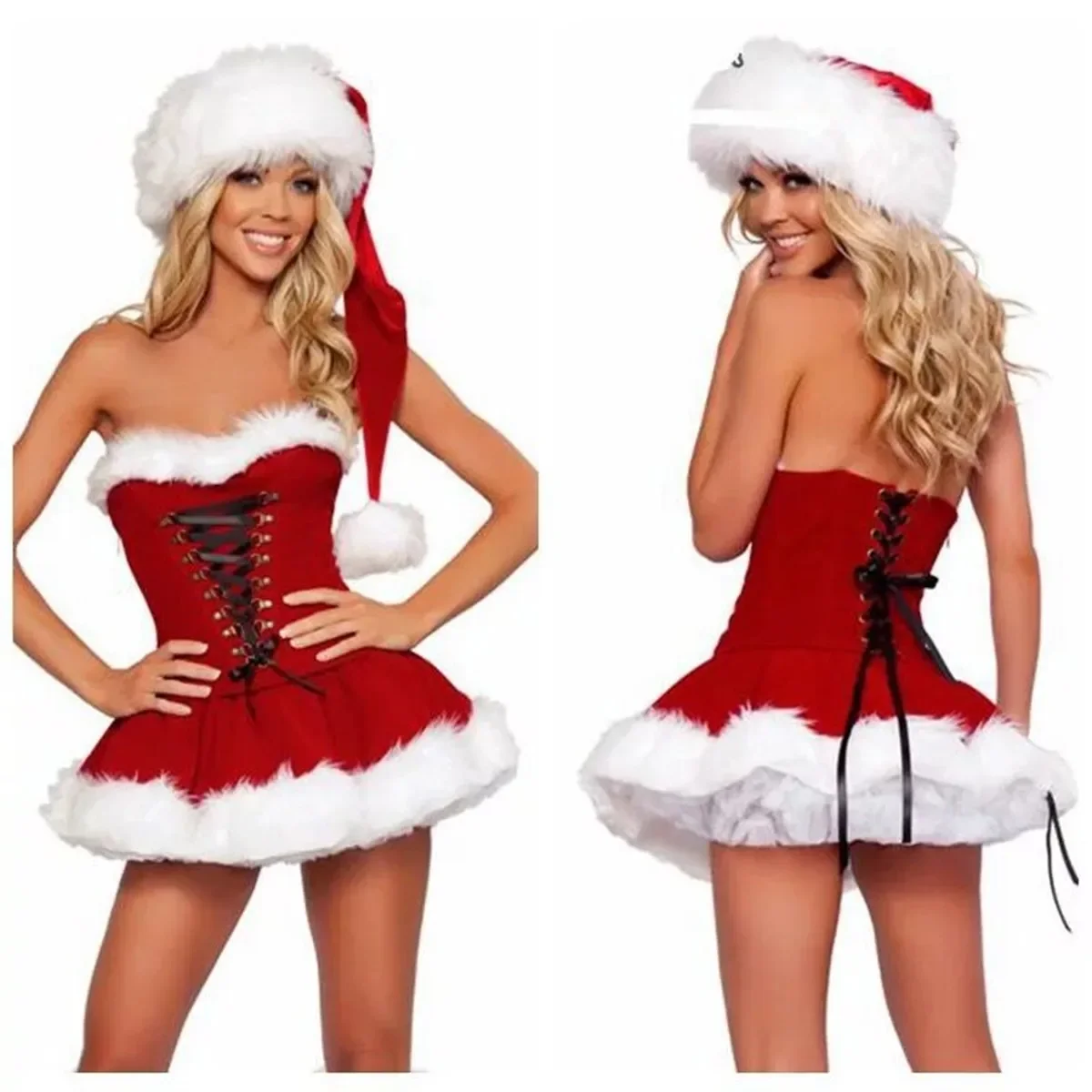 

Women's 2 Pcs Christmas Costume with Hooded Dress Christmas Lingerie for Women Sexy Santa For Women V Nec