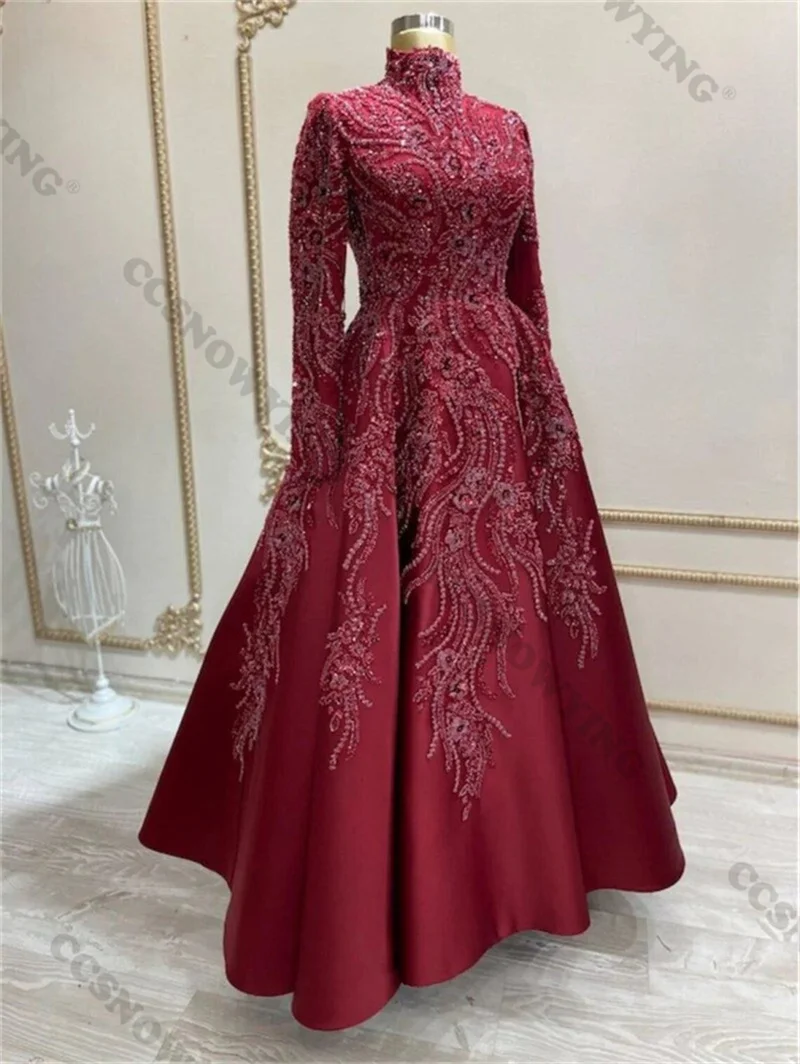 

High Collar Long Sleeve Gorgeous Muslim Banquet Evening Dress Handmade Beaded Metal Satin Women's Islamic Party Gown