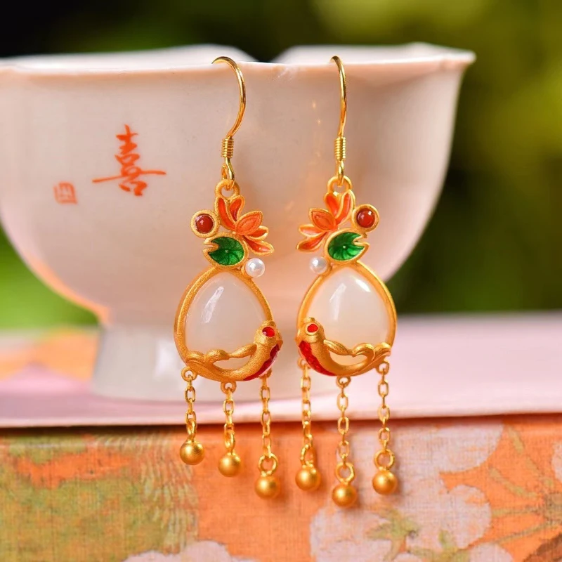 

Ancient Gold Craft Inlaid Natural Hotan White Jade Water Drops Court style earrings for women Vintage Enamel Lotus jewelry