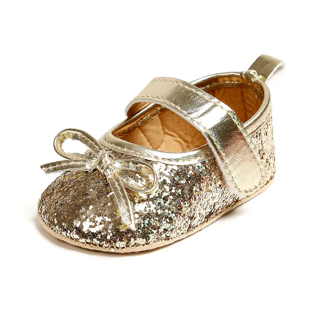 Newborn Baby Shoes Baby Boy Girl Shoes Girl Classic Bowknot Rubber Sole Anti-slip PU Dress Shoes First Walker Toddler Crib Shoes Gold2