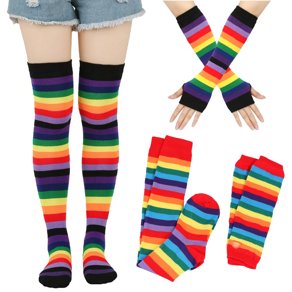 Calze da donna a righe sopra il ginocchio, in cotone, con tubo lungo, per Halloween, cosplay, accessorio per feste (rosso e bianco