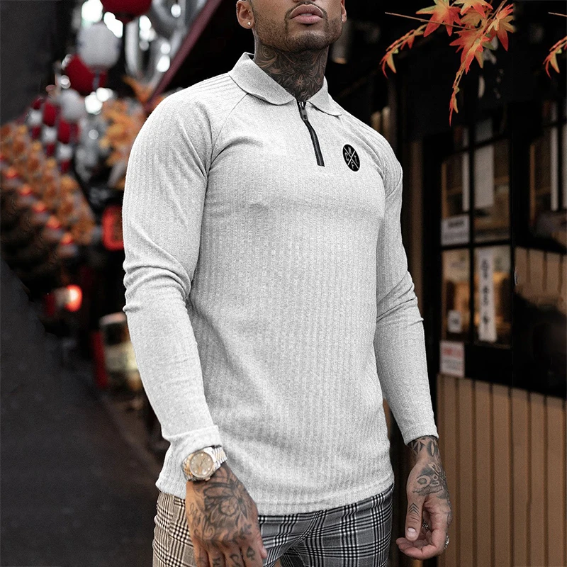 

New Mens Fashion Gym Turndown Collar Knitted T-shirt Fitness Sports Long Sleeve T Shirts Casual Breathable Long Cool Tee Shirt