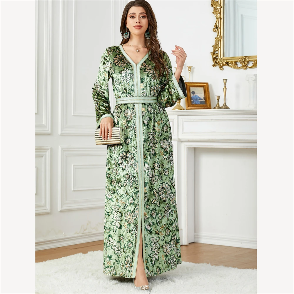 

Winter Fashion Women Floral Print Maxi Dresses Ladies Velvet Maxi Dress Dubai Kaftan Jalabiya Evening Party Gown Autumn Winter