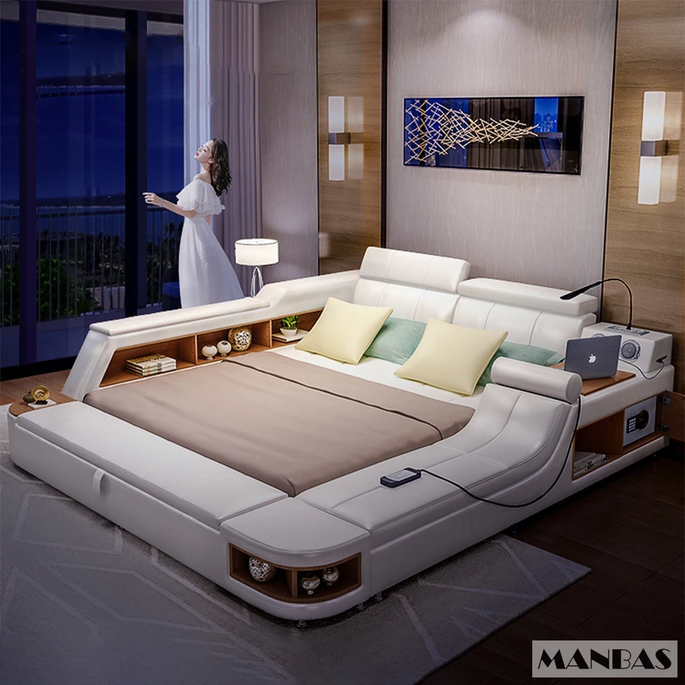 Linlamlim Tech Smart Genuine Leather Bed Multifunctional Ultimate Beds Massage Tatami Bed with Speaker,USB Upholstered Lit