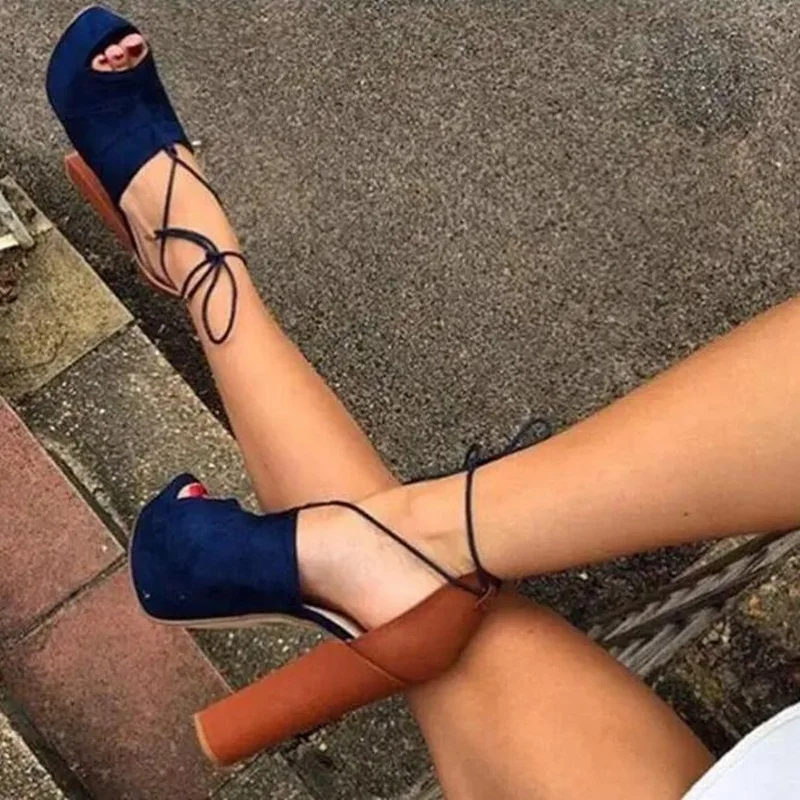 

Women Fashion Open Toe Lace-up Blue Suede Leather Thick Heel Sandals Ankle Strap Cross Platform High Heel Sandals Dress Shoes