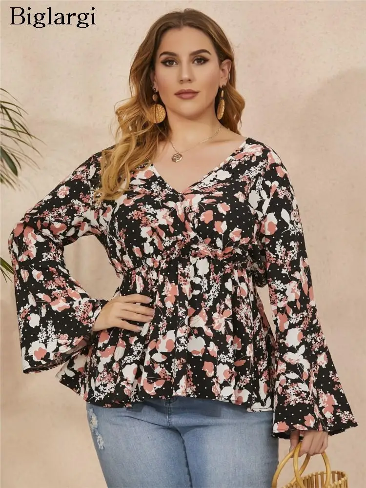 

Plus Size Autumn Floral Tops Women Long Sleeve Flower Ruffle Ladies Cropped Casual Modis Loose Woman Tops 2023