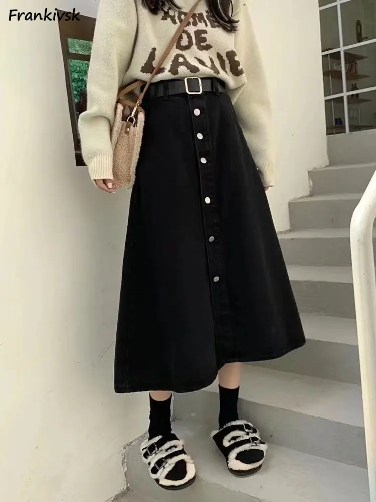 

Autumn Midi Skirts Women College Chic Ins Fashion All-match Basic Spring Daily Denim Popular Button Loose Clothing Harajuku New