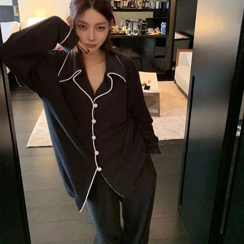 

Solid Women Pajama Sets Sleepwear Pants Sets 2 Pieces Button Piiama Korean Style Full Sleeve Spring Night Wears Home Suit 2024