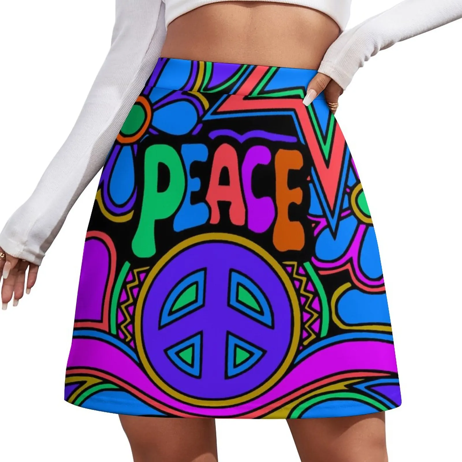 Peace and Love Flowers and Stars Hippie Design Mini Skirt Miniskirt Clothing japanese kawaii clothes flowers by design