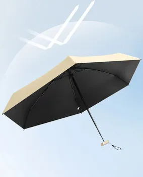 Open BreezeLite5F compact umbrella in beige, showcasing its UV protective black interior and lightweight design.