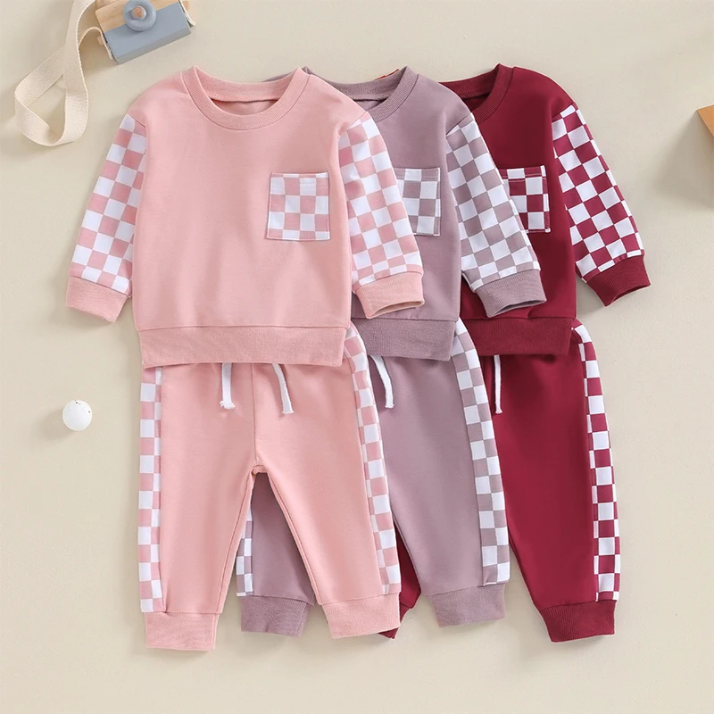 Lioraitiin Baby Girl Checkerboard Sweatshirt Pants Set