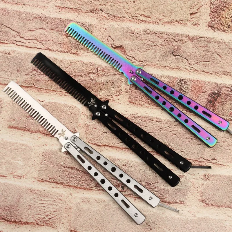 Foldable Comb Stainless Steel Practice Training Butterfly Knife Comb Beard Moustache Brushe Salon Hairdressing Styling black new 3