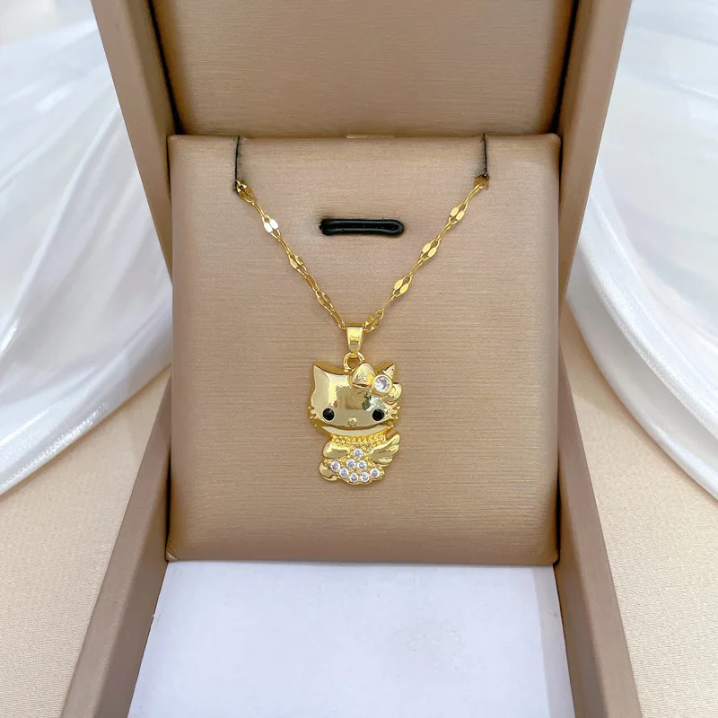 Hello Kitty Crystal Pendant Necklace for Women Stainless Steel
