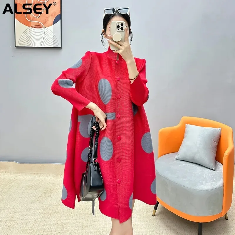 

Женское плиссированное платье ALSEY Miyake, элегантное свободное платье средней длины с воротником-стойкой и длинным рукавом, 2024