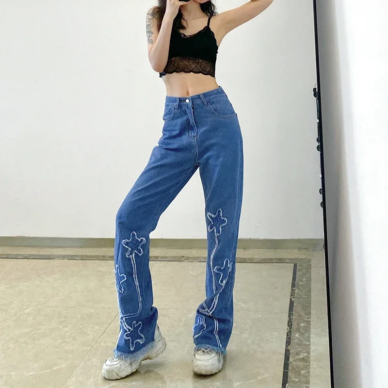 Raw Edge Washed Star Patch Oversized Flared Jeans Women Y2k Fashion Street Clothing Retro High Waist Baggy Denim Trousers
