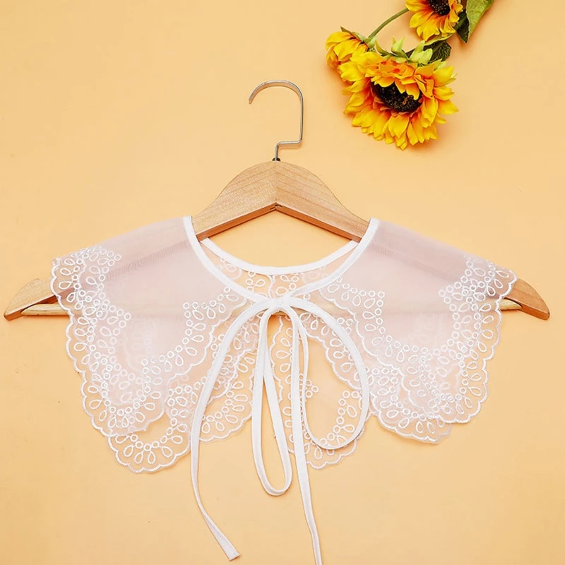 

Women Emboridery Lace Shawl Half Shirt Double Layers Dickey Collars Detachable Collar Lace-Up Bowknot Female Scarf Capelet for