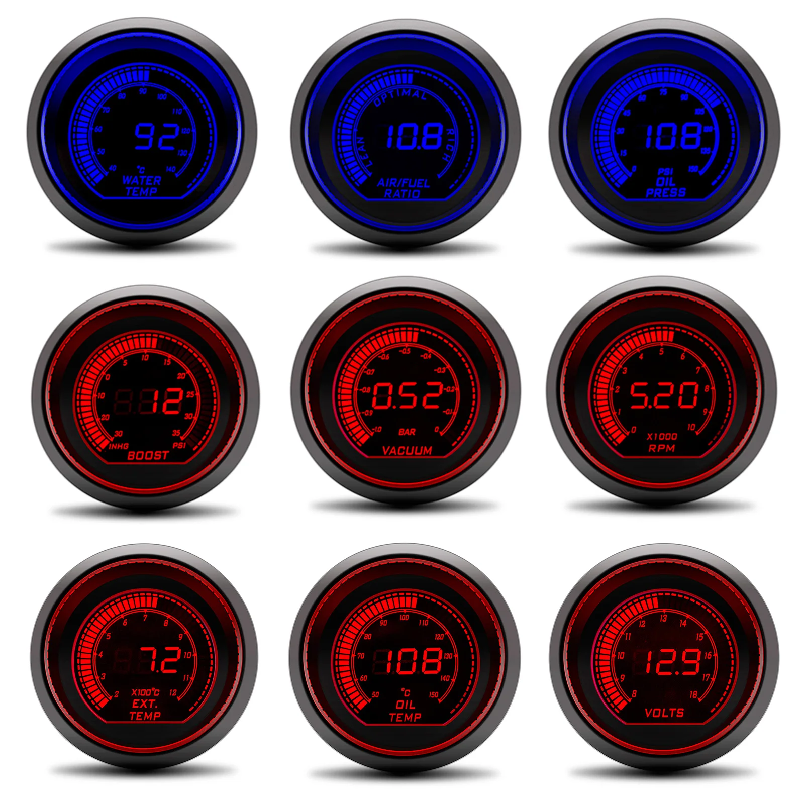 2" 52mm Tachometer Voltage Water Temp Oil Temp Oil Press Boost Vacuum Air Fuel Ratio Exhaust LED Digital Display Red Blue tachometer gauge engine tachometer tachometer meter