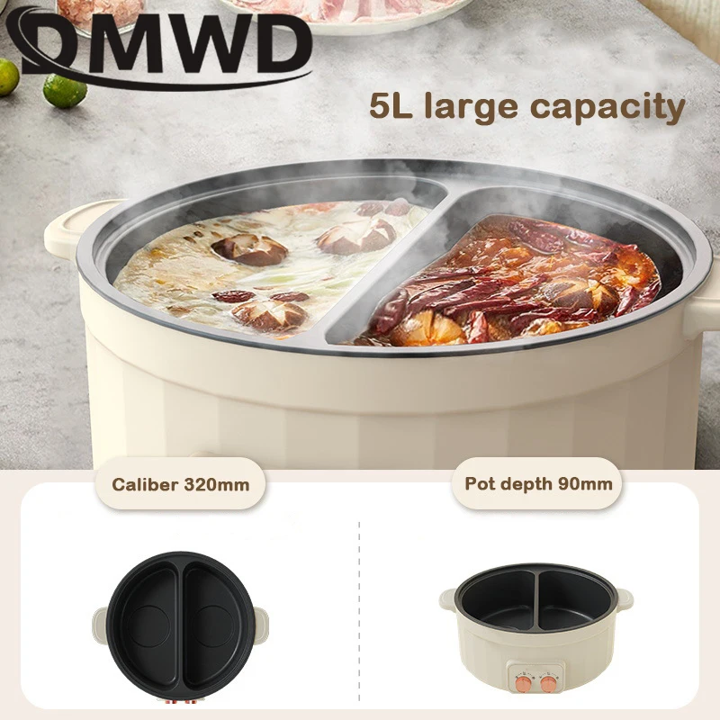 DMWD Electric Cooking Pot Multifunctional Electric Hot Pot Divided Shabu Non Stick Double-flavor Hotpot Cooker