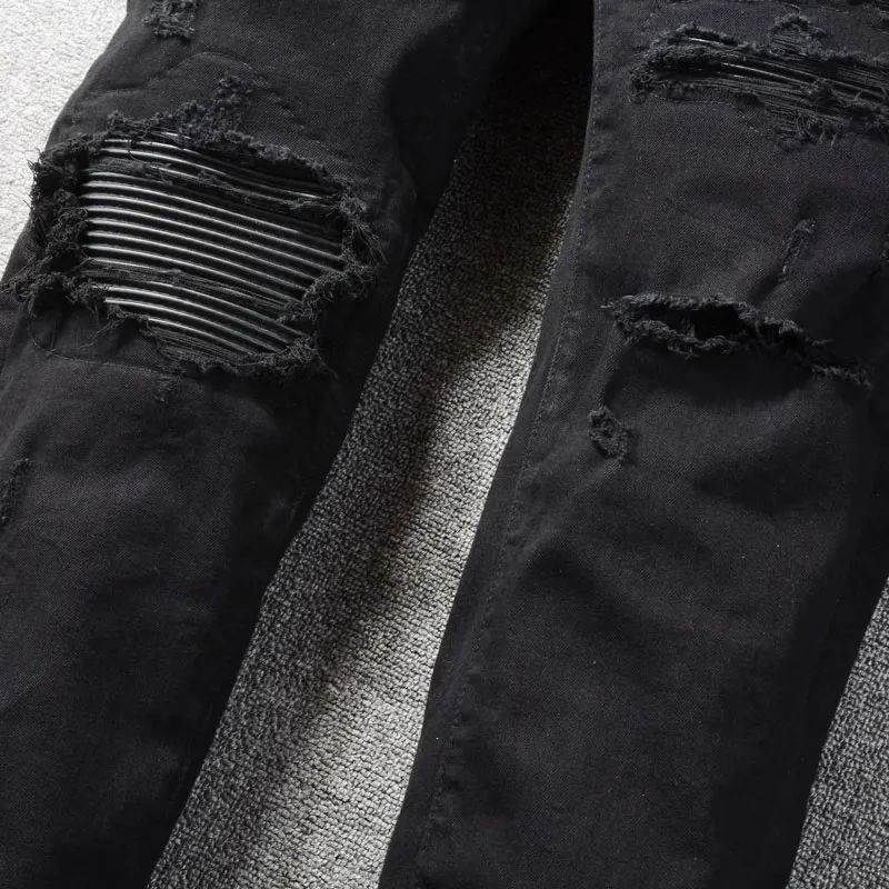 Street Fashion Men Jeans Black Stretch Skinny Fit Elastic Ripped Jeans Men Leather Patched Designer Hip Hop Brand Pants Hombre