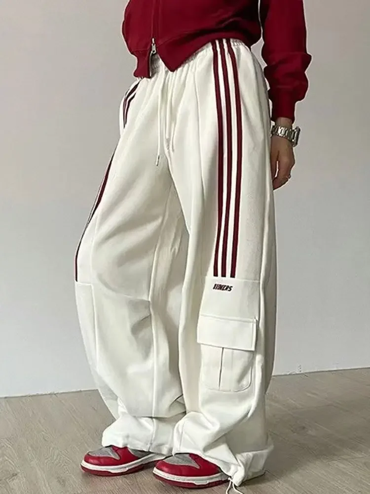 

Casual Baggy Striped Cargo Wide Leg Pant Women Korean Harajuku Elastic High Waist Joggers Sweatpant Y2K Street Straight Trousers