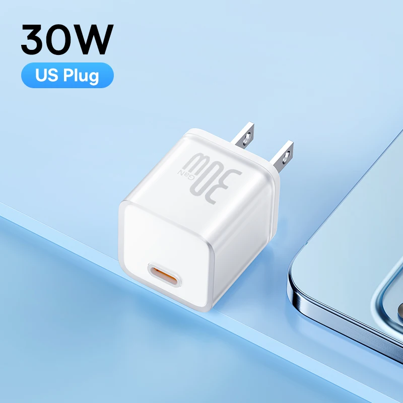 thumbnail image 1 of Cargador de teléfono Baseus GaN de 30 W para iPhone 16, 15, 14, 13, 12 Pro Max, cargador USB C compatible con PD, QC, PPS, carga rápida para computadora portátil, 1 of 5