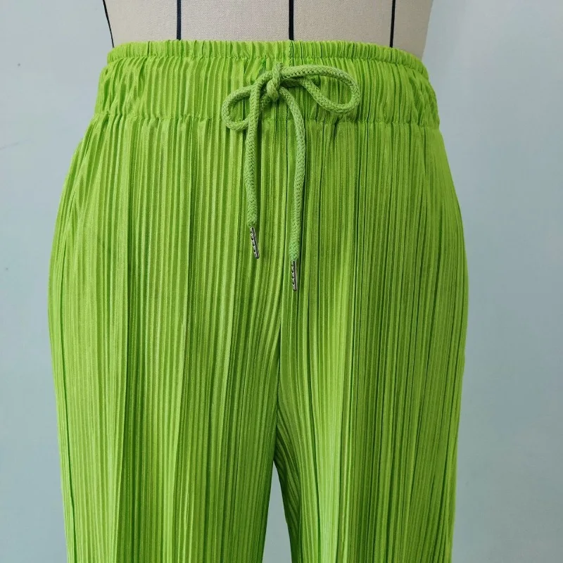 Simplicity Trendy Spring Autumn Women's Solid Elasticized High Waisted Drawstring Folds Loose Straight Casual Wide Leg Pants