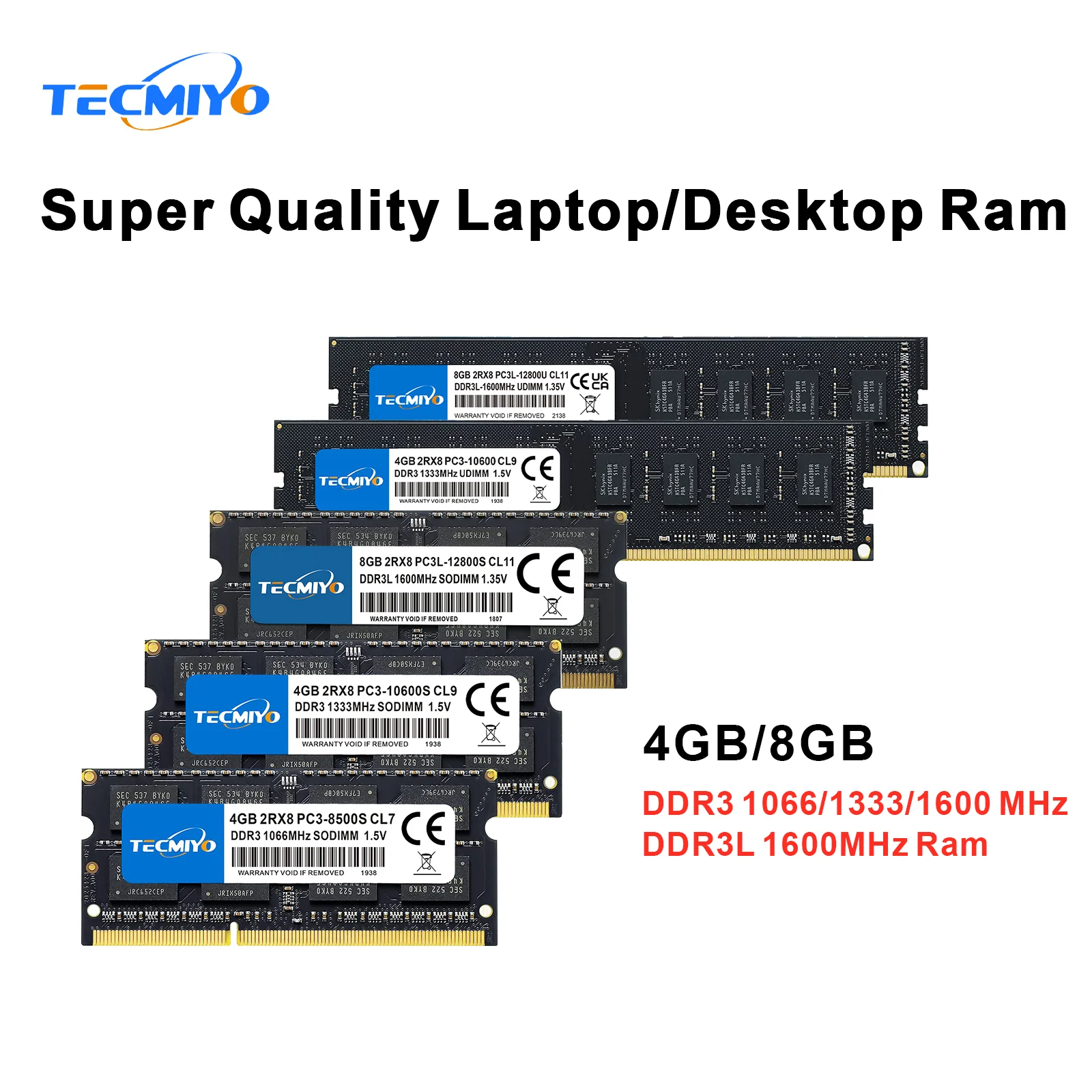 TECMIYO 4GB 8GB DDR3 DDR3L 1600MHz Laptop/Desktop Memory RAM 1.35V/1.5V PC3/PC3L-12800 PC3-10600 PC3-8500 Non ECC -1PC nero