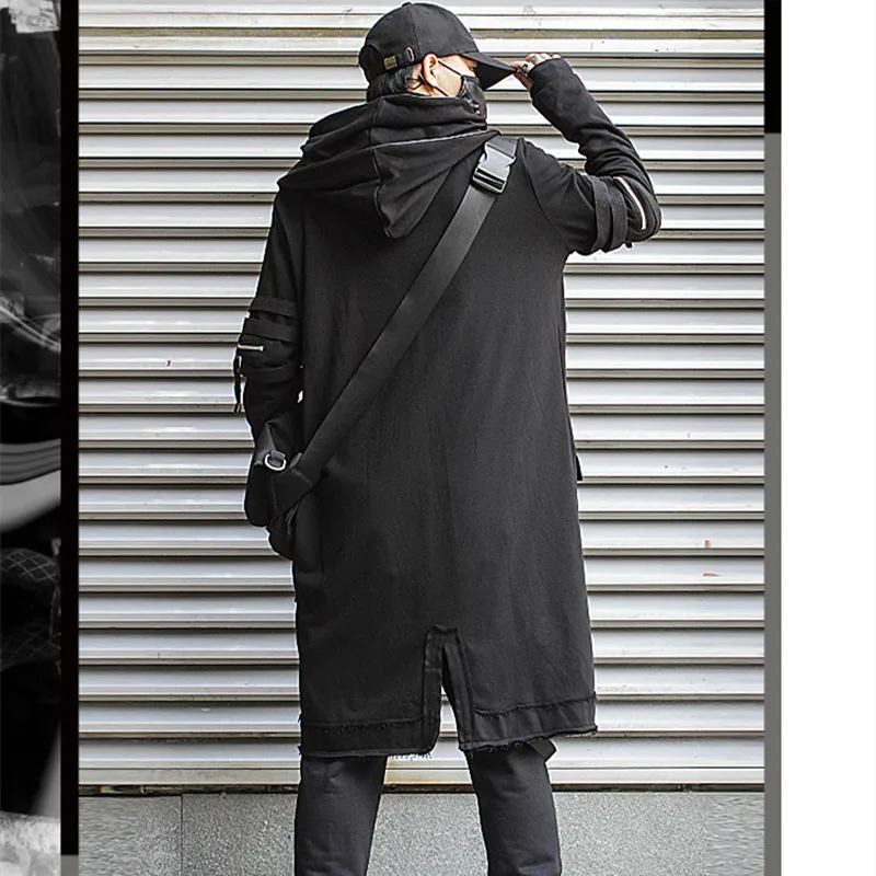 Winter Fake Two Piece Patchwork Punk Hip Hop Trench Coat Long Hooded Cloak Men Techwear Style Gothic Vintage Long Jacket