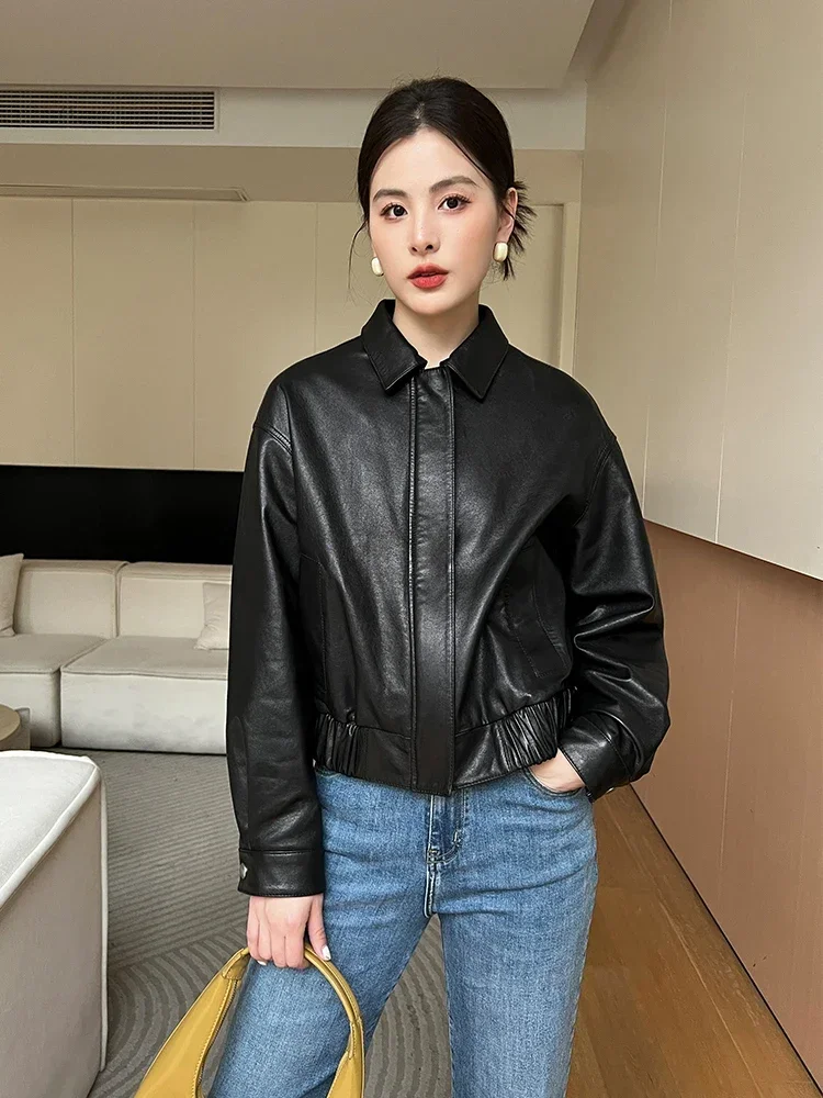 GenuineLeatherFlightJacketWomenShortFashionZipperBomberOuterwearLuxuryNatural