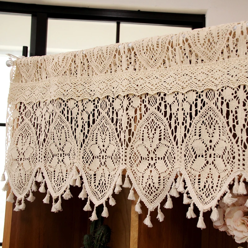 Tenda da cucina Boho, mantovana corta per finestra della cucina Fattoria Fatto a mano all'uncinetto Livelli per tende per decorazioni caffè Divisorio Tasca per aste Decorazione per tende in pizzo cort