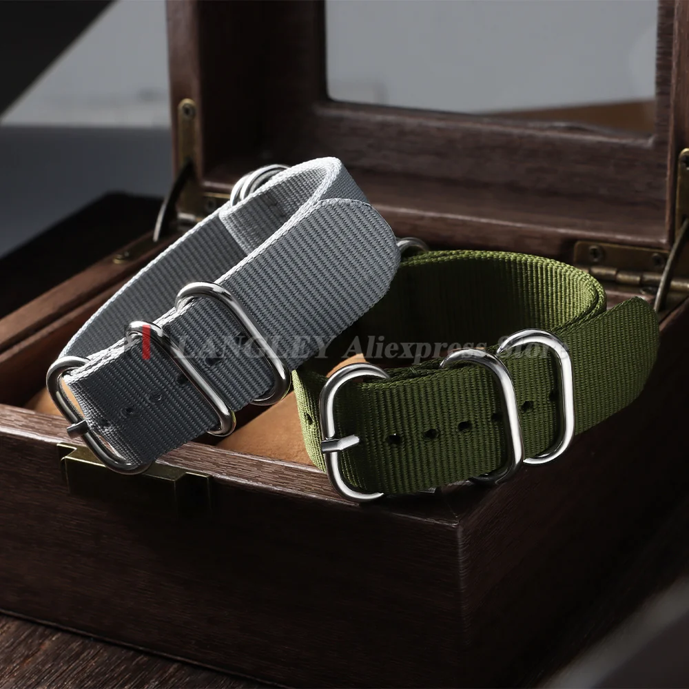 Ribbed Nylon Military-Style Watch Band with Ring Buckle - Army Green