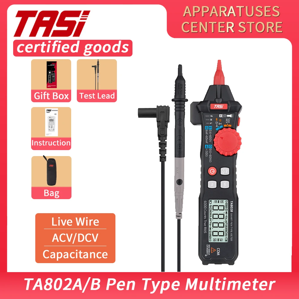 

Цифровой мультиметр TASI TA802B TA802A, карманный автоматический/умный мультитестер с ручкой, 6K отсчетов, детектор бесконтактного напряжения