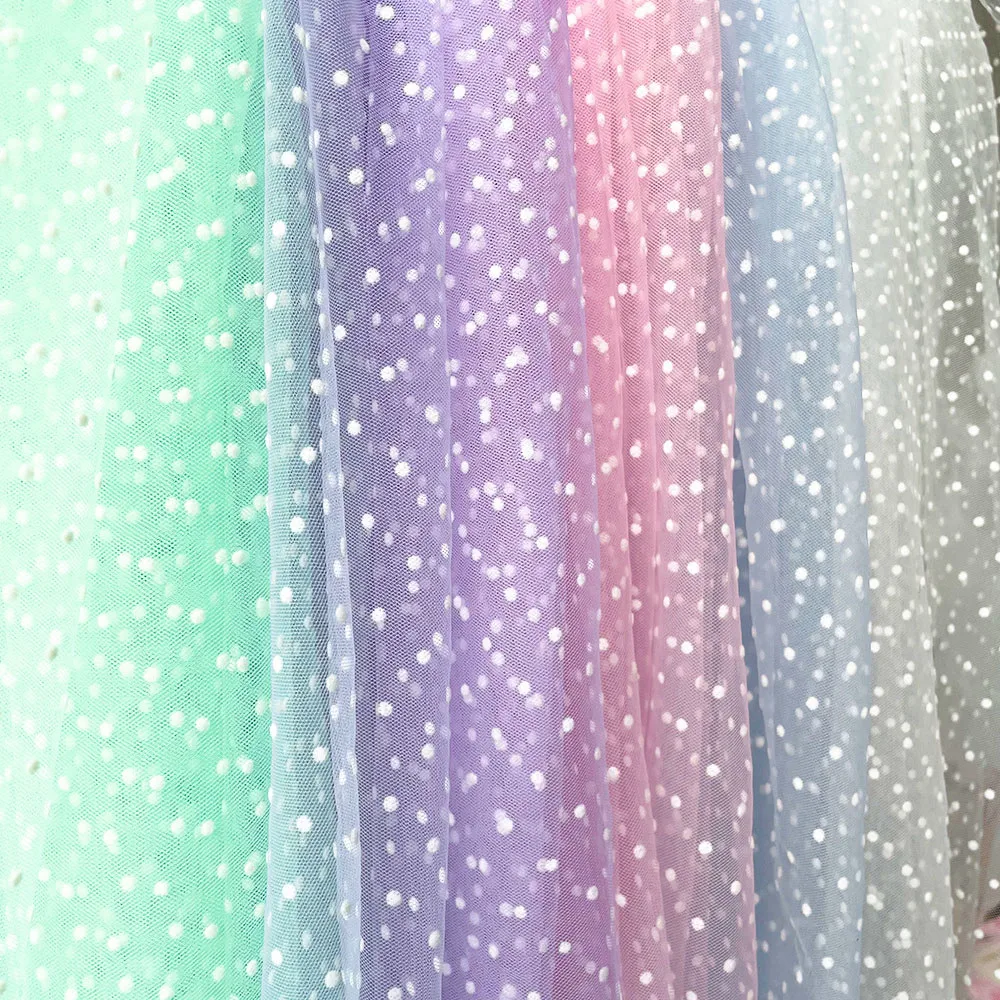 White Khaki Flocked Polka Dot Mesh Tulle Fabric High Quality Polyester Stretch DIY Dress Wedding Decoration Puff Skirt Net Cloth