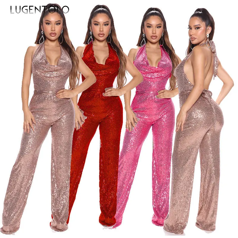 

Women Halter Sequins Jumpsuits Sexy Backless Party Spaghetti Strap Sleeveless Lady Spring Summer Slim Long Jumpsuit Lugentolo