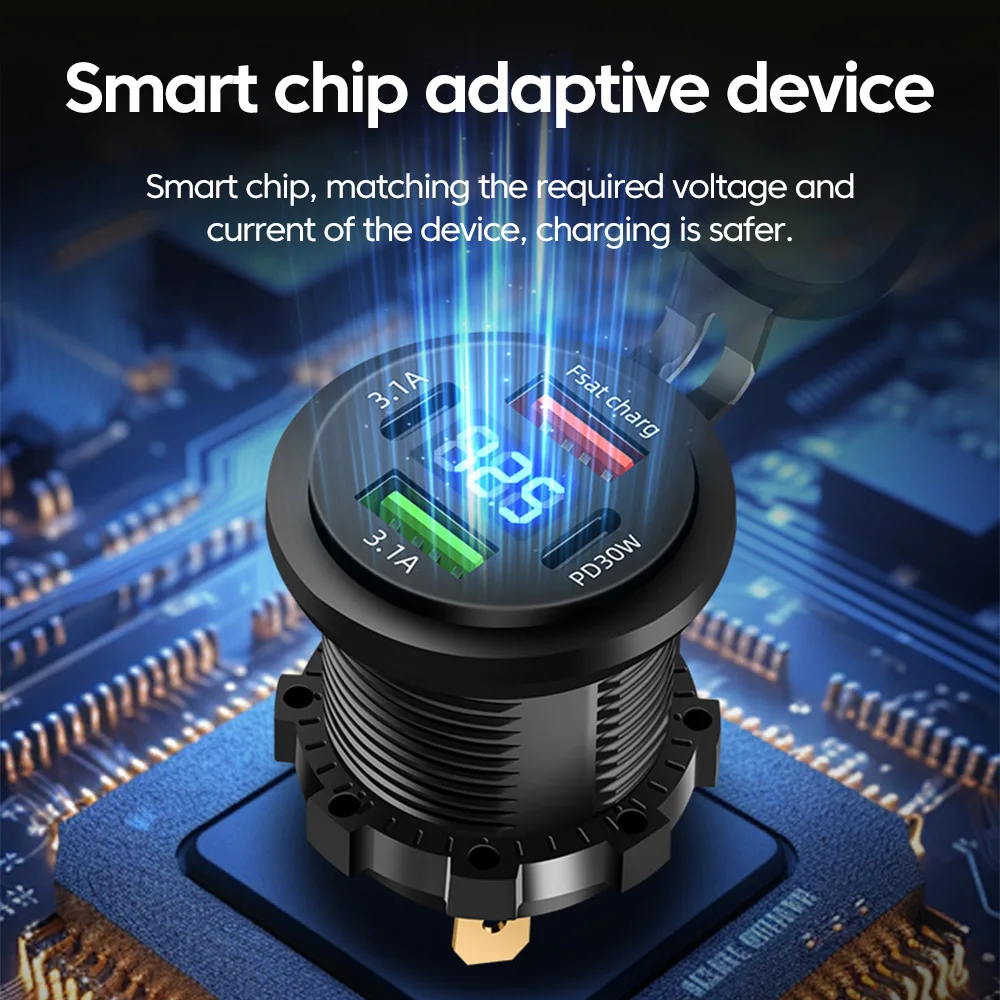 USB Car Charger Type C Fast Charging Adapter Waterproof Dual PD30W Dual QC 3.0 for 12V/24V Car Cellphone