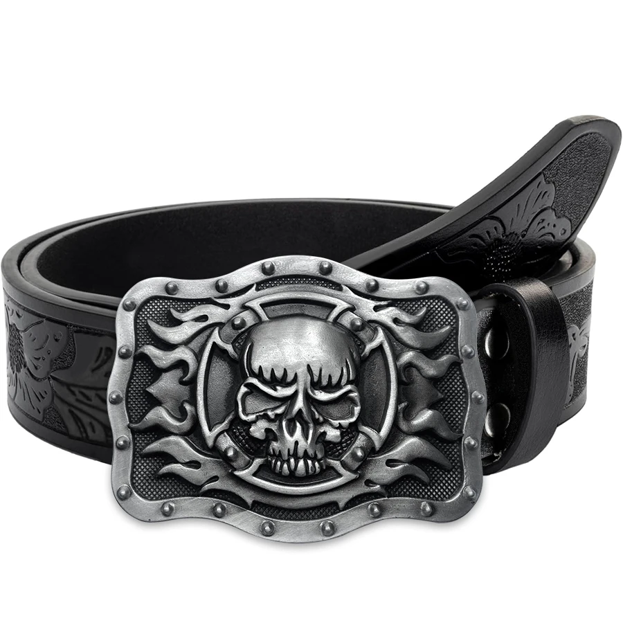 Skull Flame Belt Exquisite Carved Large Plate Buckle Alloy Buckle for Men and Women - Irregular Pattern Carved Flower Long Horn