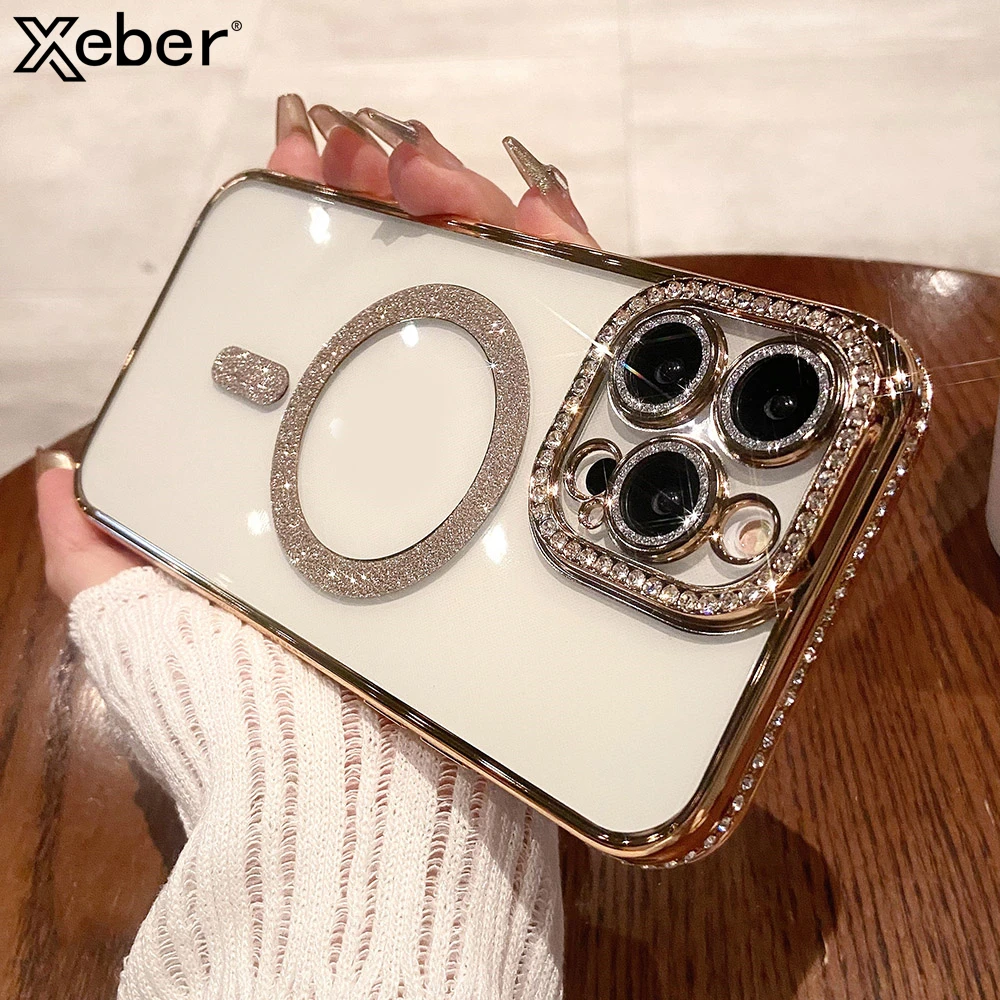 Grezns dimanta magnētiskais bezvadu maciņš Magsafe iPhone 14 13 12 11 Pro Max Plus mirdzošam, spīdīgam kameras objektīva aizsargapvalkam_voghion.com