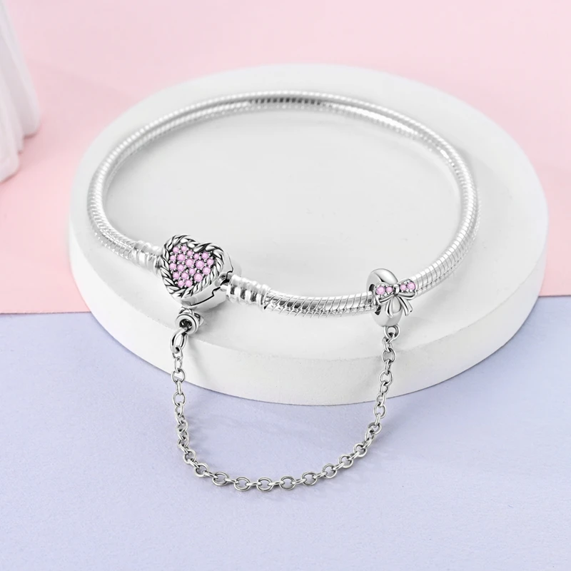 Women Bracelet 925 Sterling Silver Star Moon Blue Zircon Pink Heart Butterfly Cat Paw Bracelets DIY Charms Safety Chain Jewelry 6
