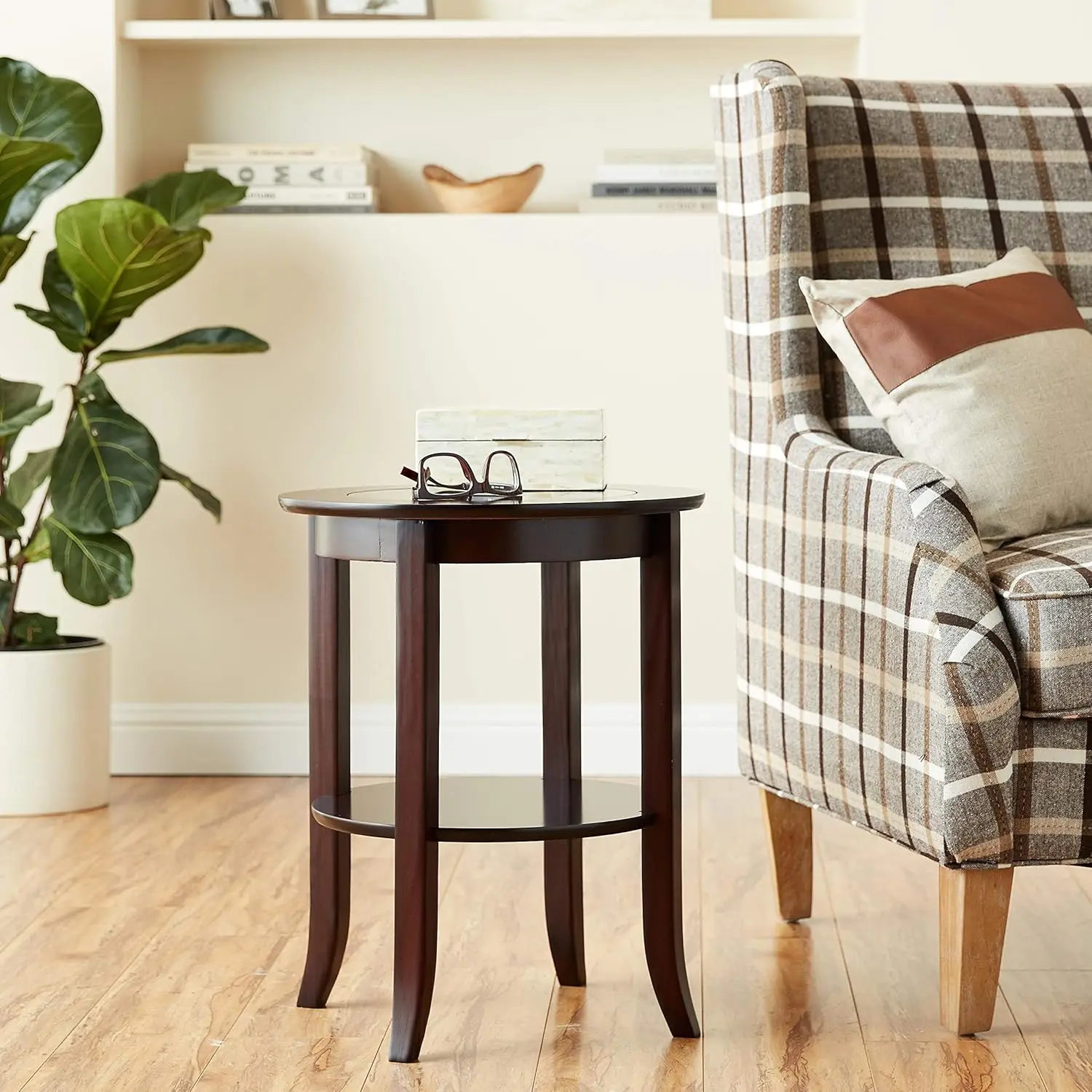 Furniture-Wood Genoa End Table, Round Side /Accent Table , Inset Glass Espresso 2
