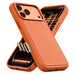 Eary Leather Phone Case with Shockproof Bumper & Capacitive Camera Button - Original Feel & Sleek Design - iPhone 18 Pro Max (Orange)