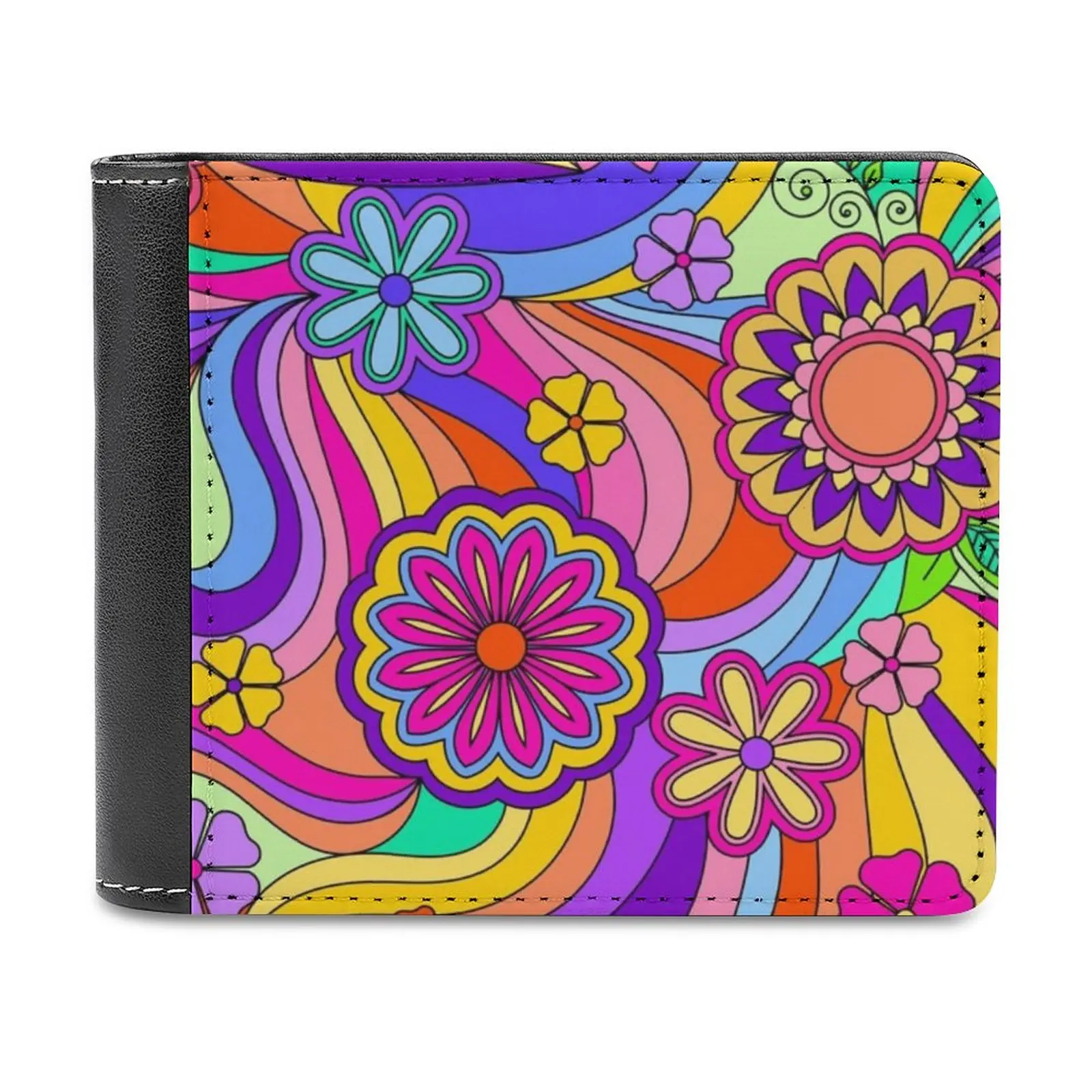 

Groovy Psychedelic Flower Power Leather Wallet Men Classic Black Purse Credit Card Holder Fashion Men's Wallet Hippy Hippie