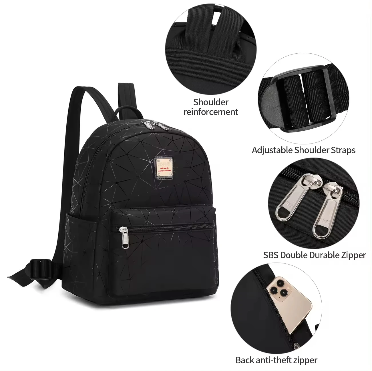 2168 Black Leather Mini Backpack,Lightweight,Fashionable Casual Girl Backpack,Women's Backpack,School Bags College