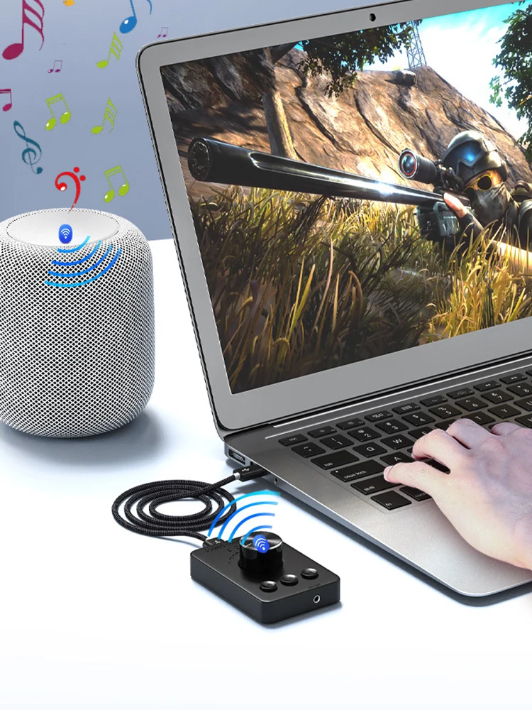 USB 볼륨 조절 손잡이 멀티미디어 조절 손잡이 3.5mm AUX 블루투스 호환5.1 재생/일시정지/후진/전진 기능이 있는 PC 사운드 컨트롤