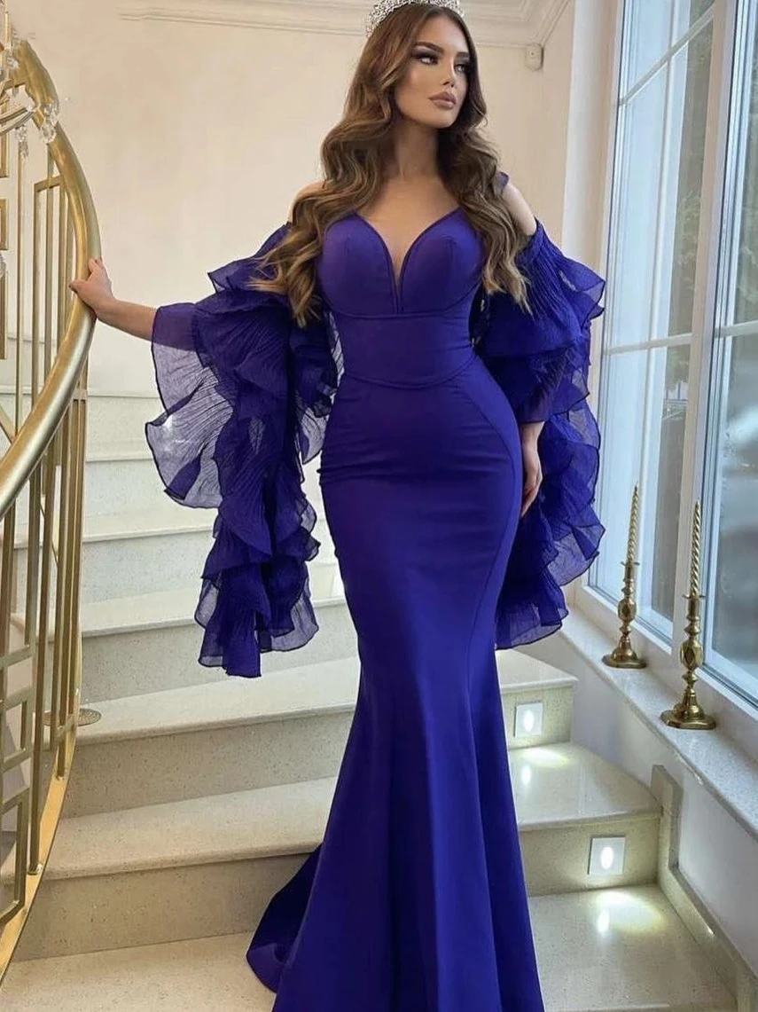 

Sexy Mermaid Ruffled V-neck Open Back Bra Layered Tulle Sleeves Prom Party Evening Dress Customizable in Large 2024