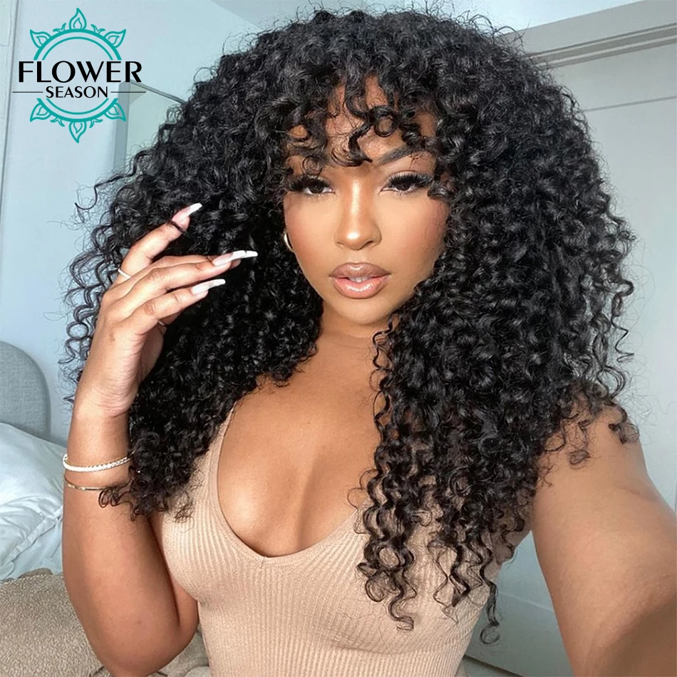 Curly Human Hair Wig with Bangs Scalp Top Full Machine Made Wigs
