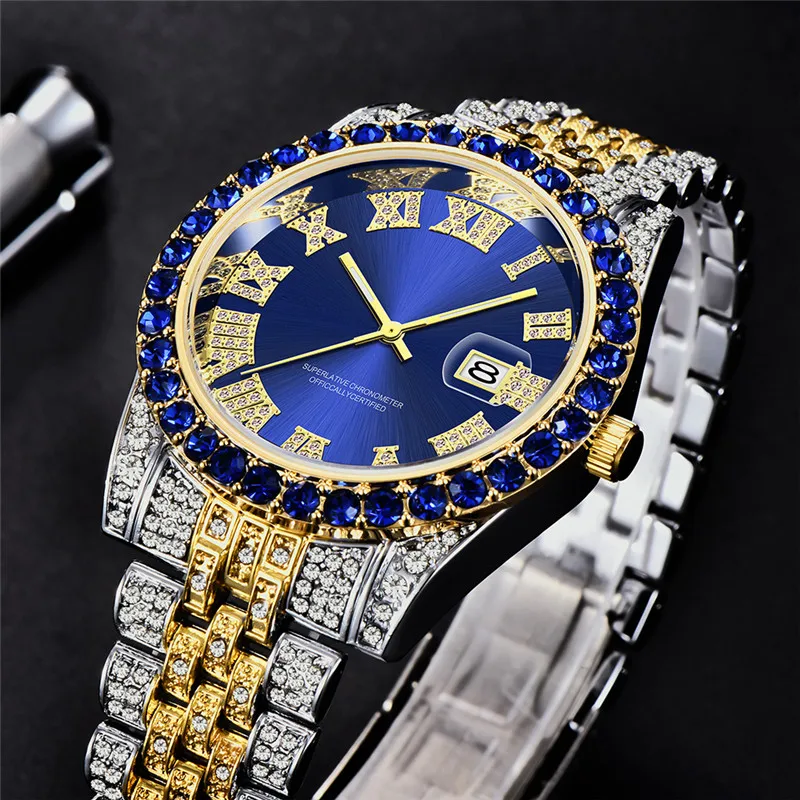 Cool Hip Hop Diamond Watches For Men Montre Fashion Alloy Band Luxury Brand Golden Date Quartz Clock Relogios Masculinos 2024