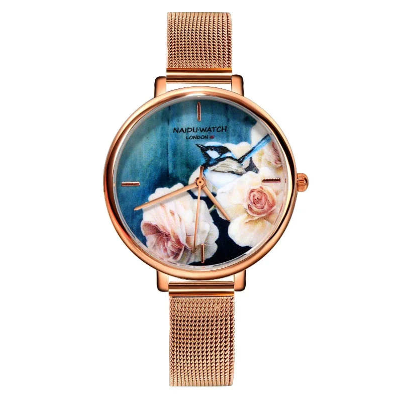 Retro Versatile Creative Women's Quartz Watch Large Dial Flower Pattern Vintage Stainless Steel Mesh Band Bracelet Watches